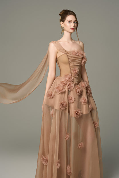 3D Floral Embellished One Shoulder Cape Silk Brown Gown