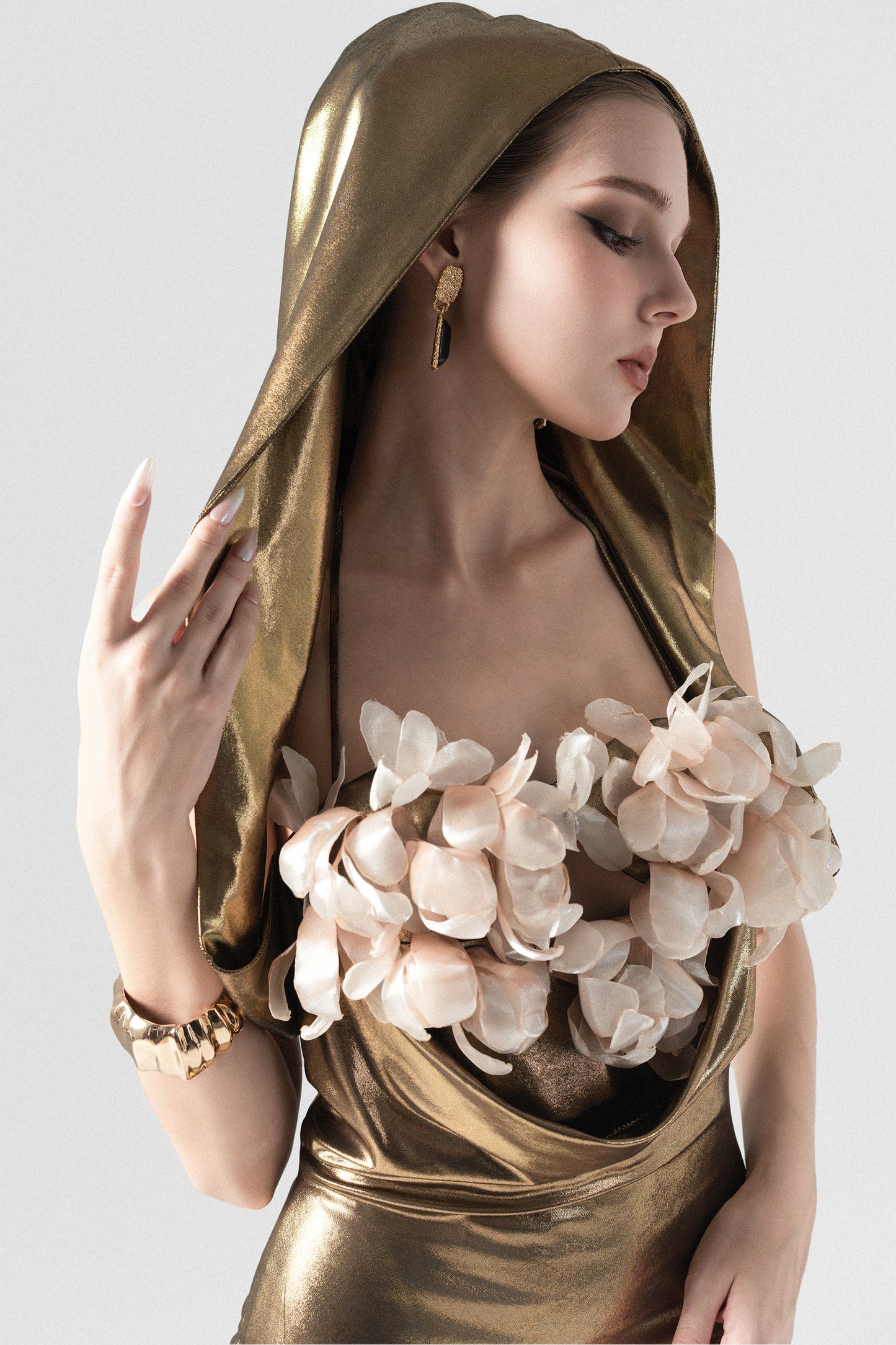 Golden Hooded Metallic Floral Appliqué Gown