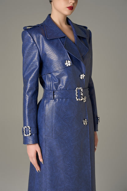 Navy Crocodile Pattern Leather Coat