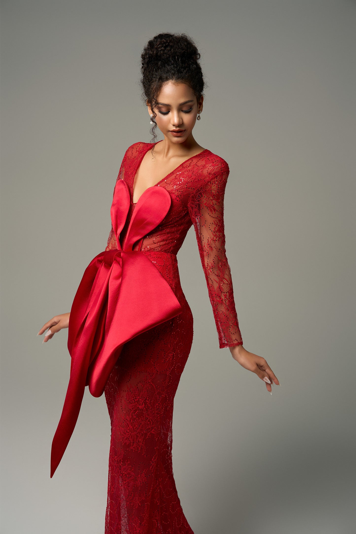 Red Long Sleeve Lace Maxi Dress With Silk Oversized Bow Accent