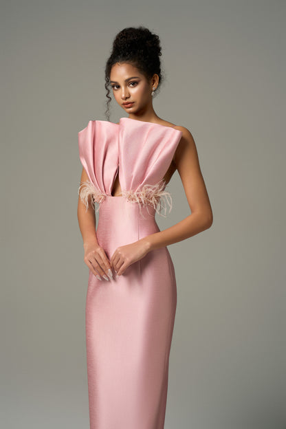 Pink Feather & Crystal Embellished Maxi Dress With Draped Bust Cup