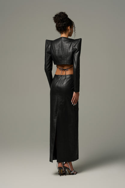 Black Cracked Leather Super Pointy Cropped Jacket and Maxi Skirt Set