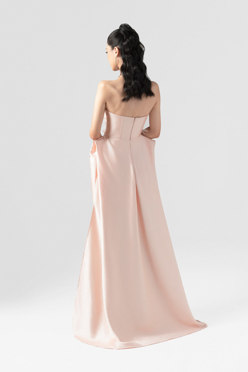 Strapless Feather & Stone Embellished Boxy Gown