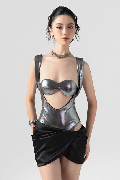 Metallic Silver Bodysuit with Black Mini Skirt