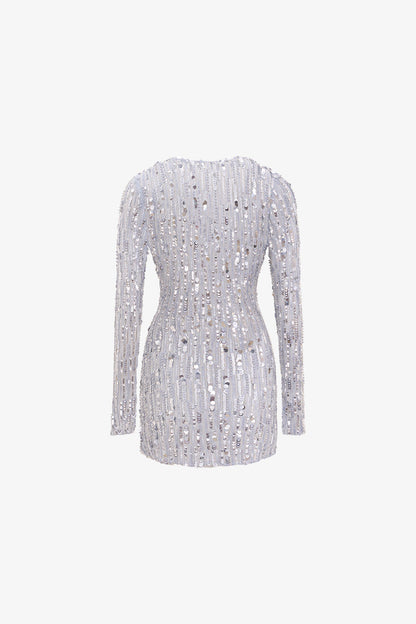 Silver Sequin Long-Sleeve V-Neck Mini Dress