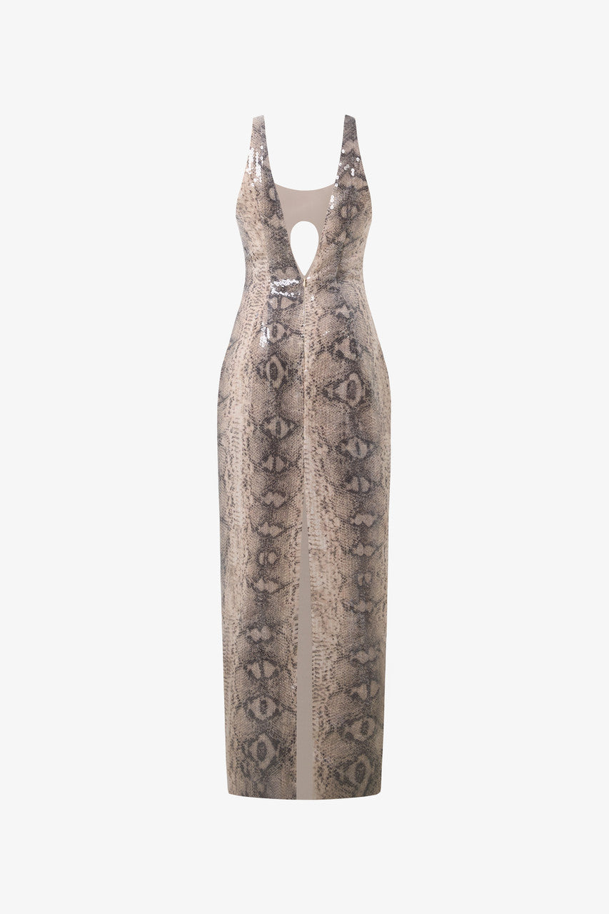 Snake Print Sequin Cutout Bodycon Dress