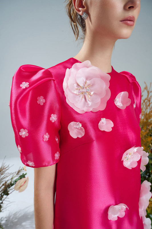 Pink Silk Organza Dress with Floral Appliqués