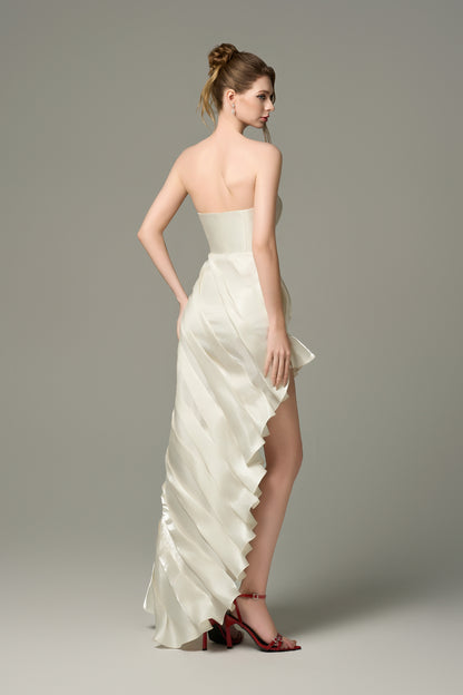 Vanilla Cream Thigh-High Slit Asymmetrical And Draped Maxi Dress