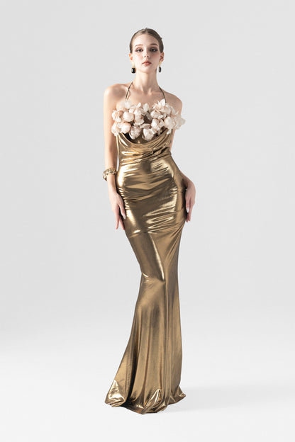 Golden Hooded Metallic Floral Appliqué Gown