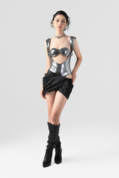 Metallic Silver Bodysuit with Black Mini Skirt