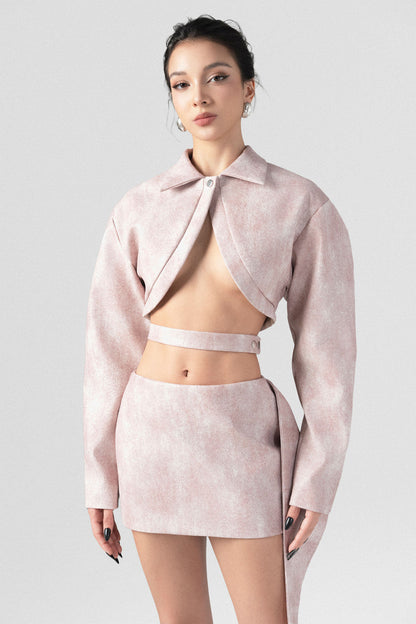 Blush Pink Leather Crop Blazer and Mini Skirt Set