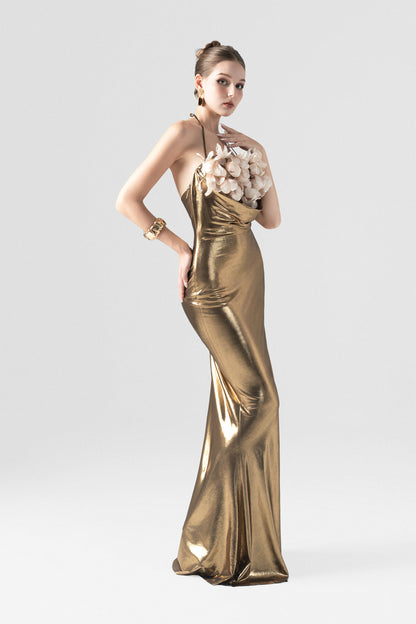 Golden Hooded Metallic Floral Appliqué Gown