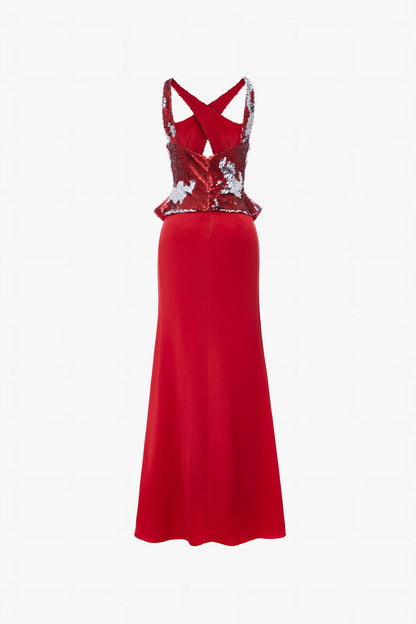 Reversible Red & Silver Halter Neck Sequin Silk Gown