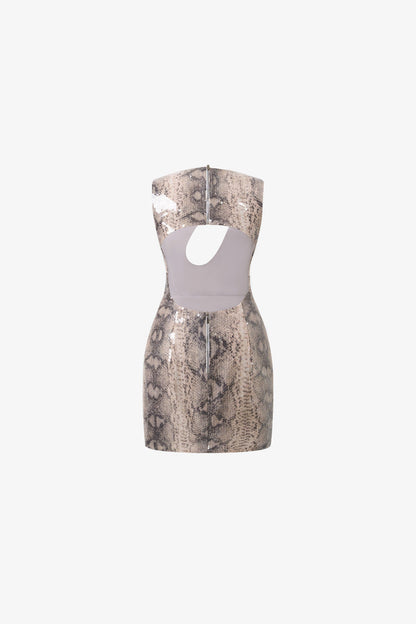 Snake Print Sequin Cutout Mini Dress