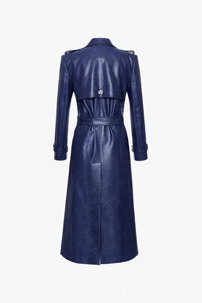 Navy Crocodile Pattern Leather Coat