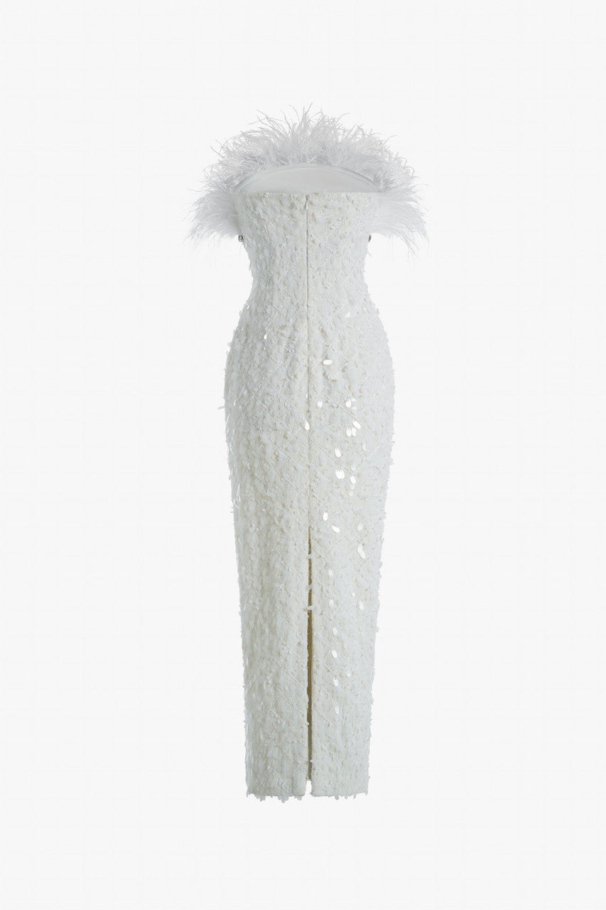 Feather & Crystal Embellished Wool Gown