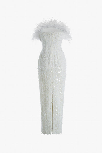 Feather & Crystal Embellished Wool Gown