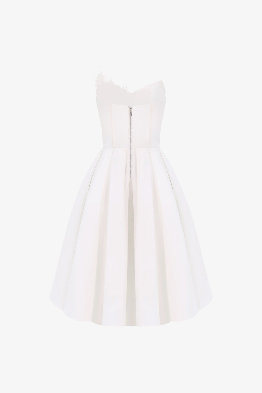 White Corset-Bodice Midi Dress with Feather and Beaded Appliqué