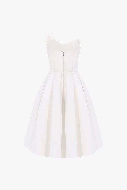 White Corset-Bodice Midi Dress with Feather and Beaded Appliqué