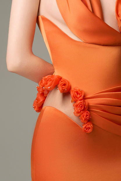 Elegant Silk Floral Bust Draped Maxi Dress In Orange