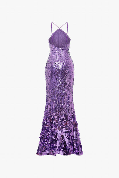 Slashed Sequin Halter Neck Gown with Lace Gloves