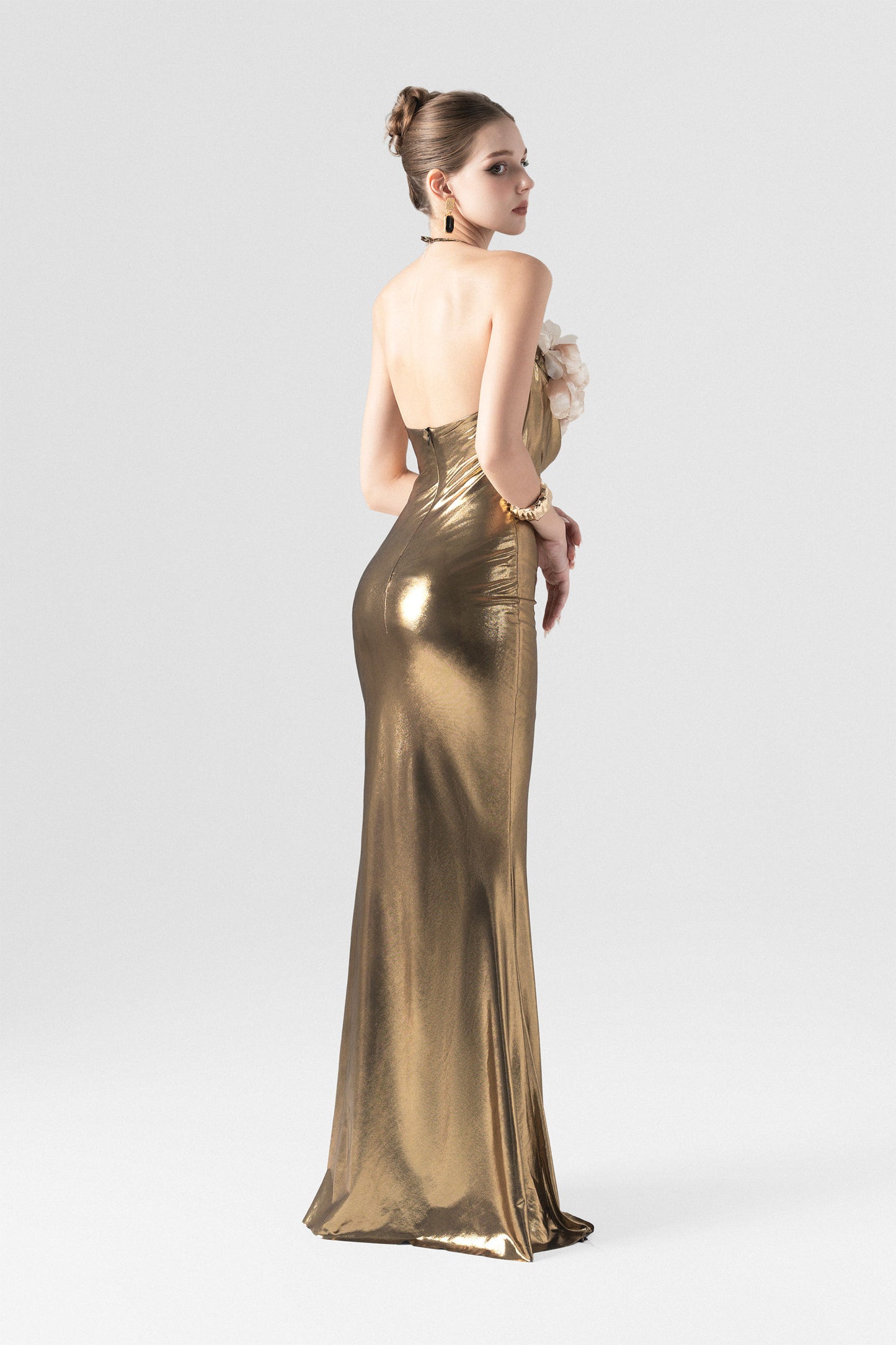 Golden Hooded Metallic Floral Appliqué Gown