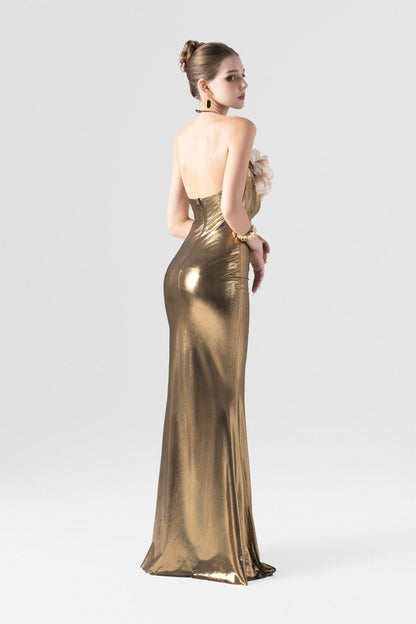 Golden Hooded Metallic Floral Appliqué Gown