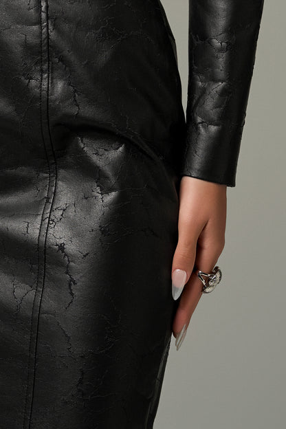 Black Cracked Leather Super Pointy Cropped Jacket and Maxi Skirt Set