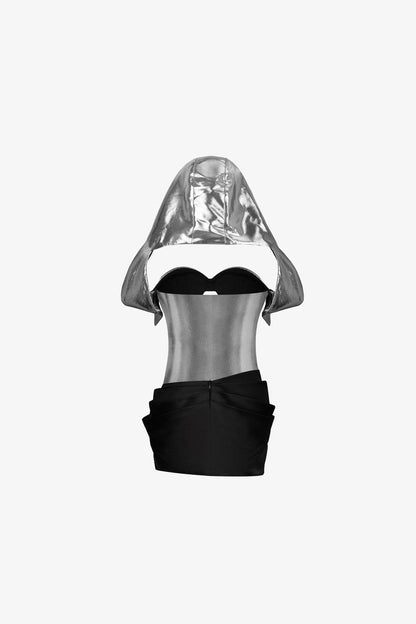 Metallic Silver Bodysuit with Black Mini Skirt