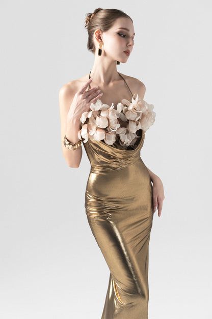 Golden Hooded Metallic Floral Appliqué Gown