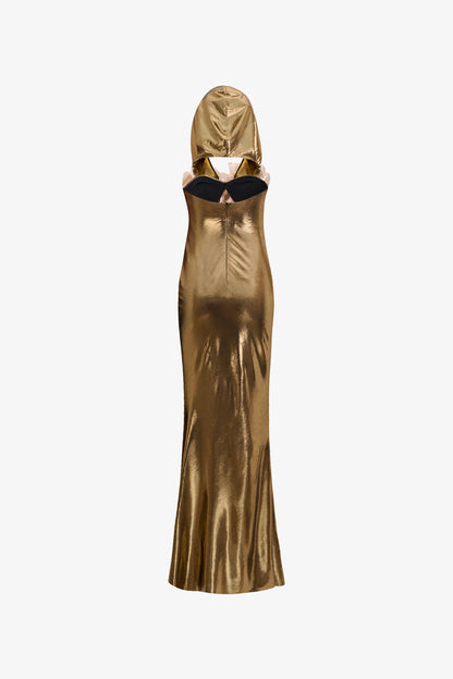 Golden Hooded Metallic Floral Appliqué Gown