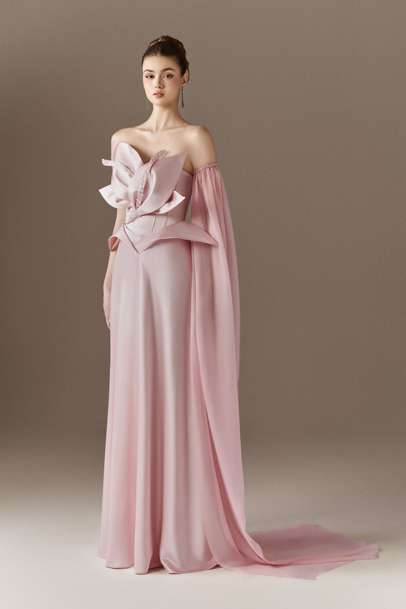 Bloomheart 3D Floral Maxi Dress With One Cape Sleeve