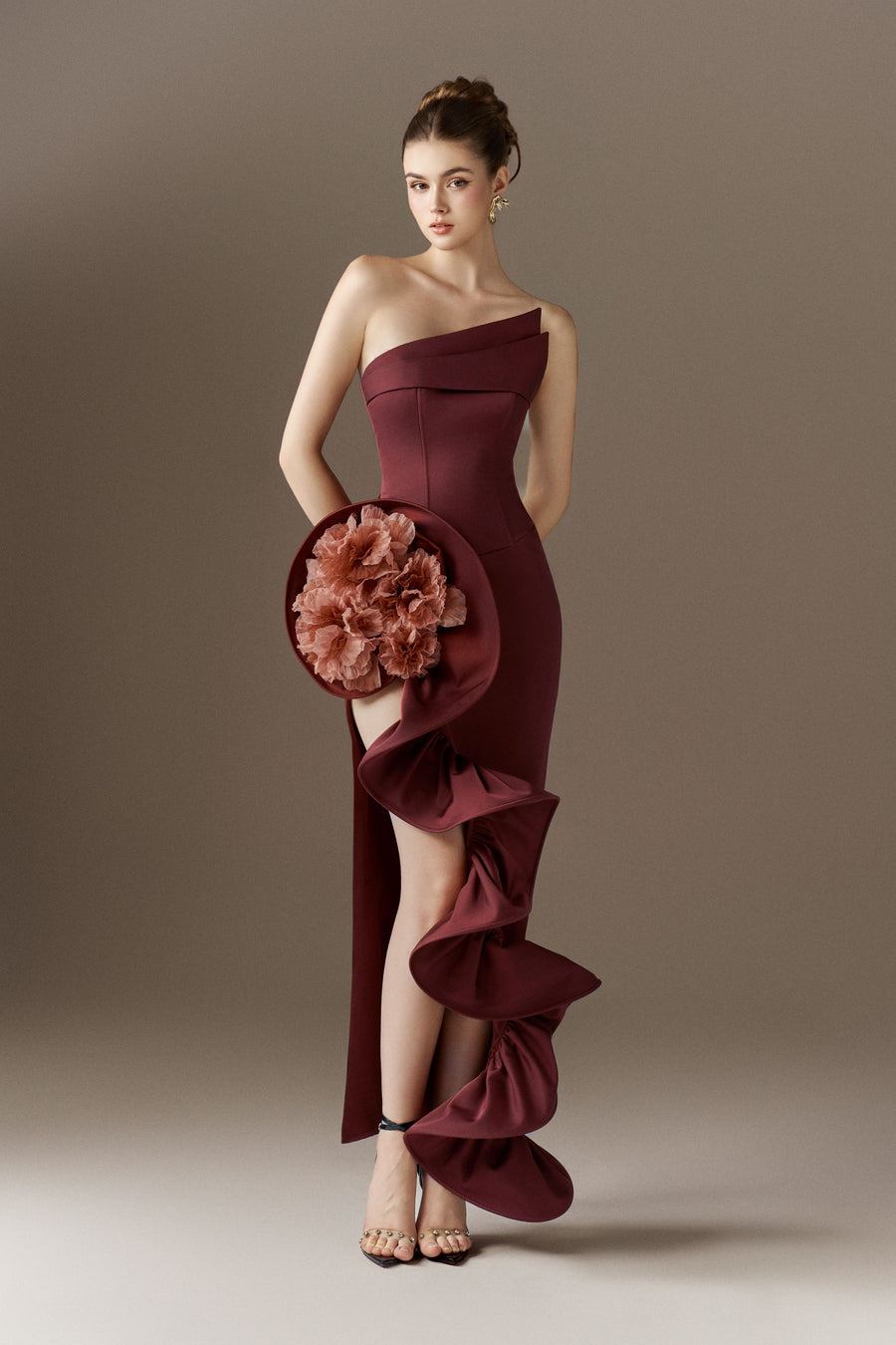 Floriana Bandeau 3D Floral Maxi Dress With Cascading Ruffles