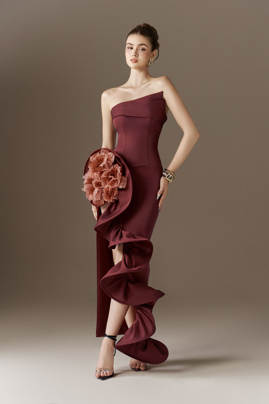 Floriana Bandeau 3D Floral Maxi Dress With Cascading Ruffles