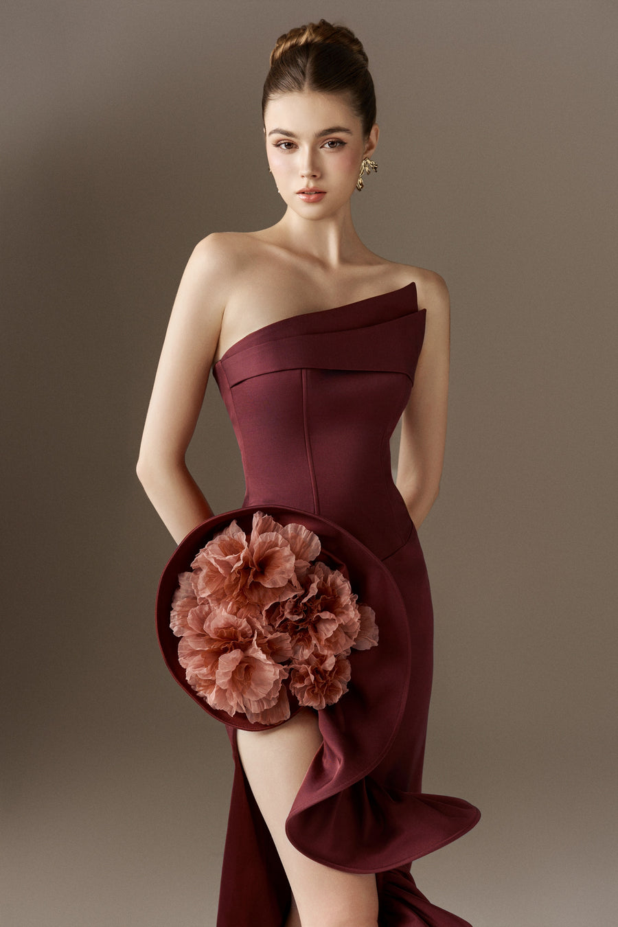 Floriana Bandeau 3D Floral Maxi Dress With Cascading Ruffles