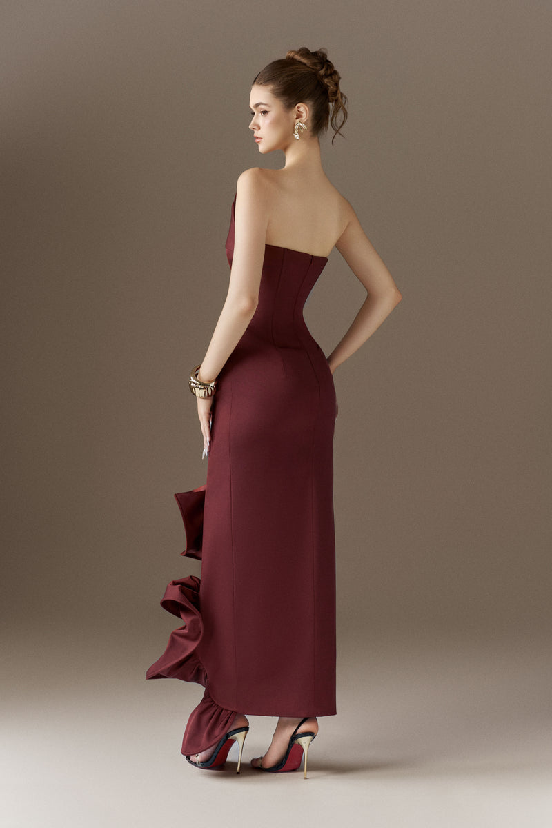 Floriana Bandeau 3D Floral Maxi Dress With Cascading Ruffles