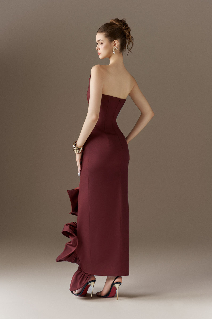 Floriana Bandeau 3D Floral Maxi Dress With Cascading Ruffles