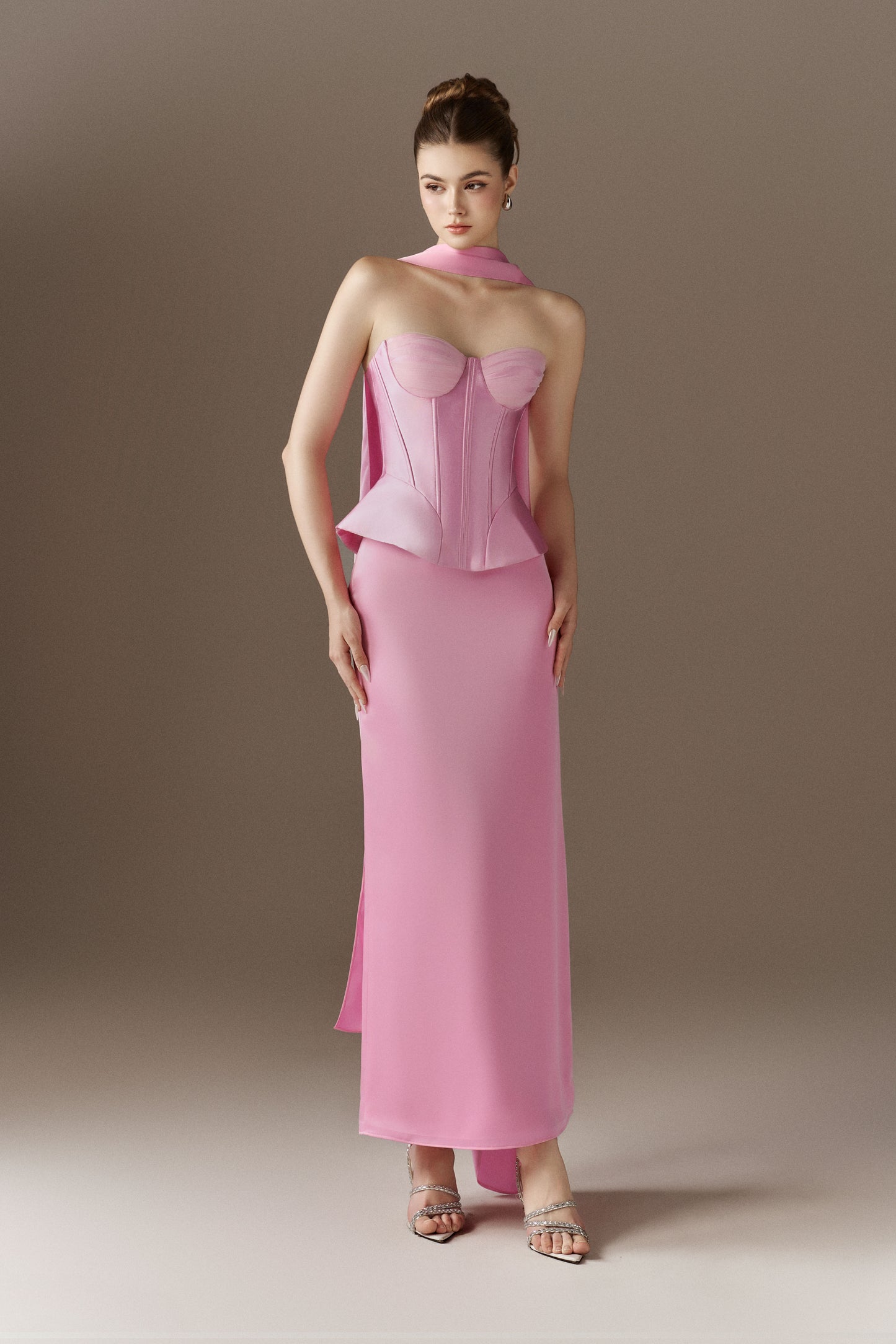 Calla Corset Peplum Maxi Dress With Neck Scarf kalisa Calla Corset Peplum Maxi Dress With Neck Scarf kalisa