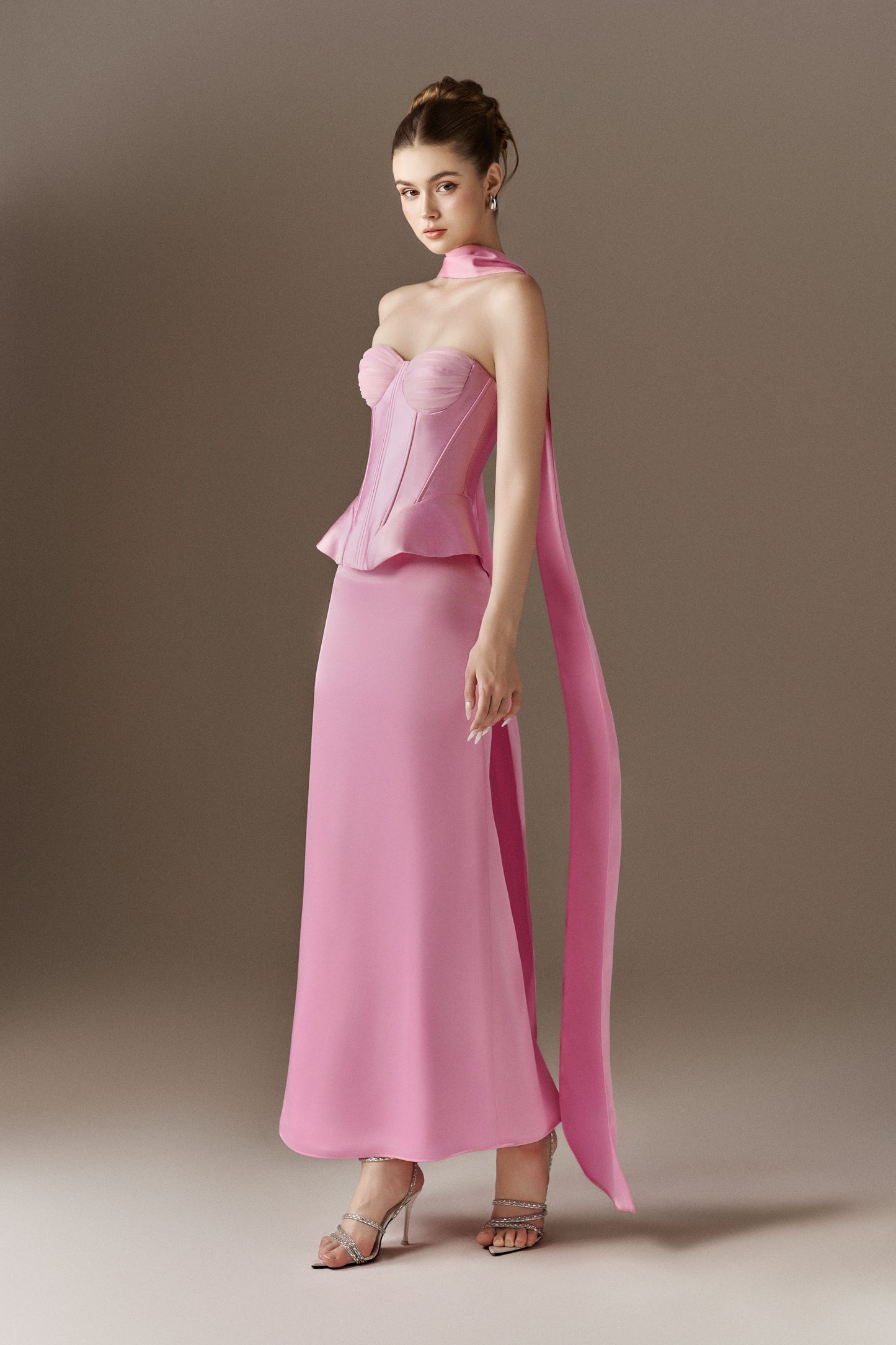 Calla Corset Peplum Maxi Dress With Neck Scarf kalisa Calla Corset Peplum Maxi Dress With Neck Scarf kalisa