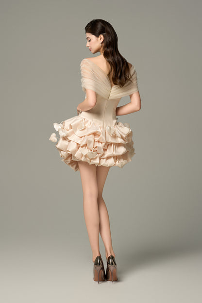 Cream silk mini dress with bodycon fit, bold cutout at bust and puffy skirt.