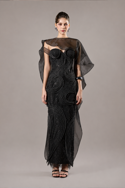 Asha Couture Dual Style Bandeau Layered 3D Lines Maxi Dress With Veil