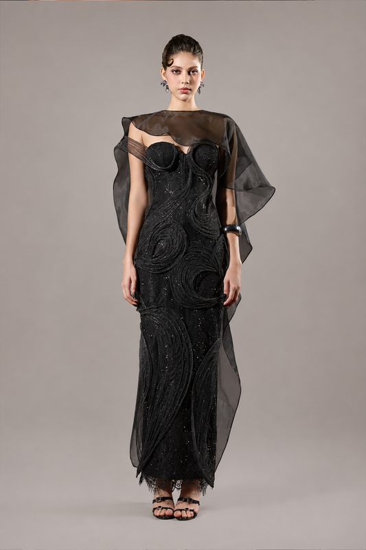Asha Couture Dual Style Bandeau Layered 3D Lines Maxi Dress With Veil