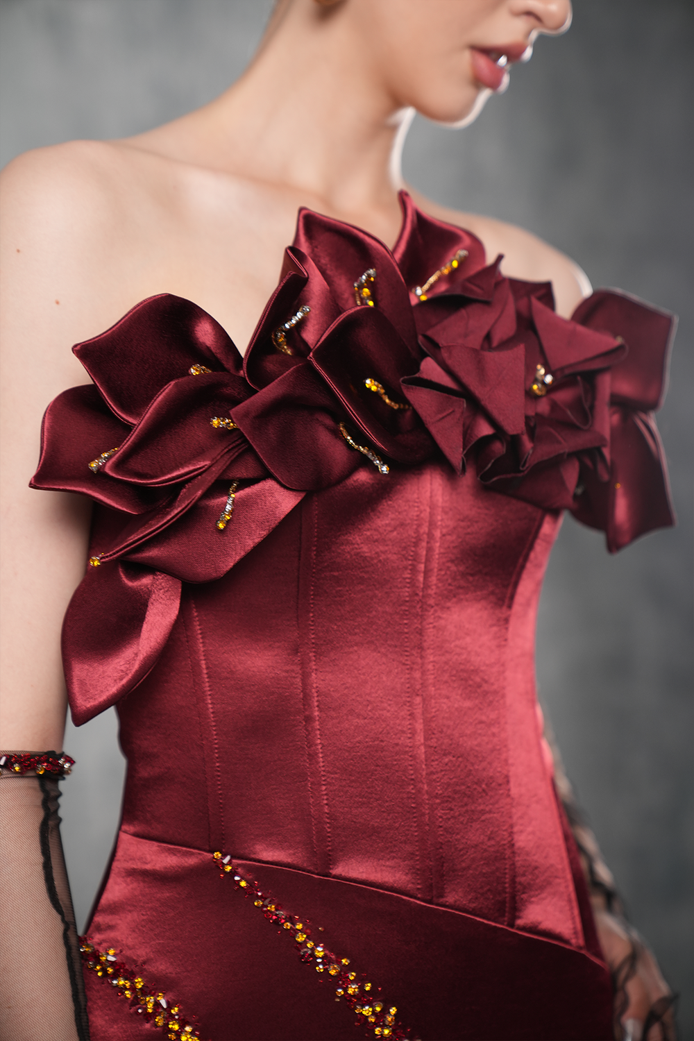 Merlot Bandeau 3D Floral Maxi Dress With Gloves