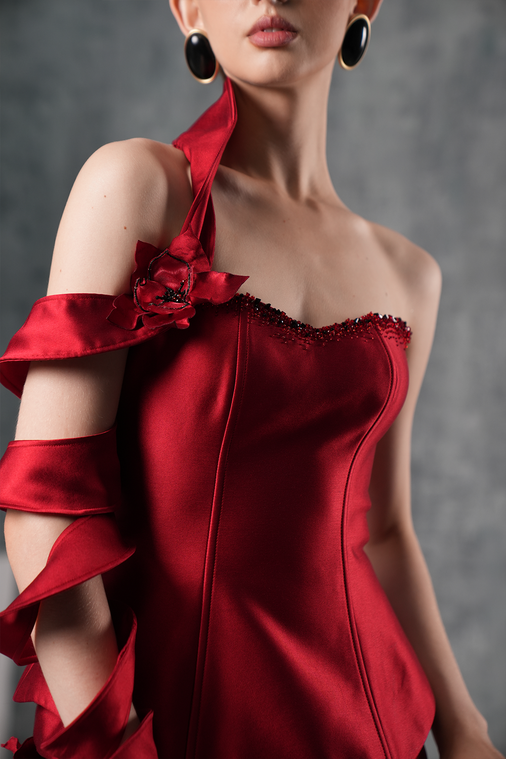 Juliet Strapless 3D Floral Peplum Maxi Dress With Spiral Sleeve Set