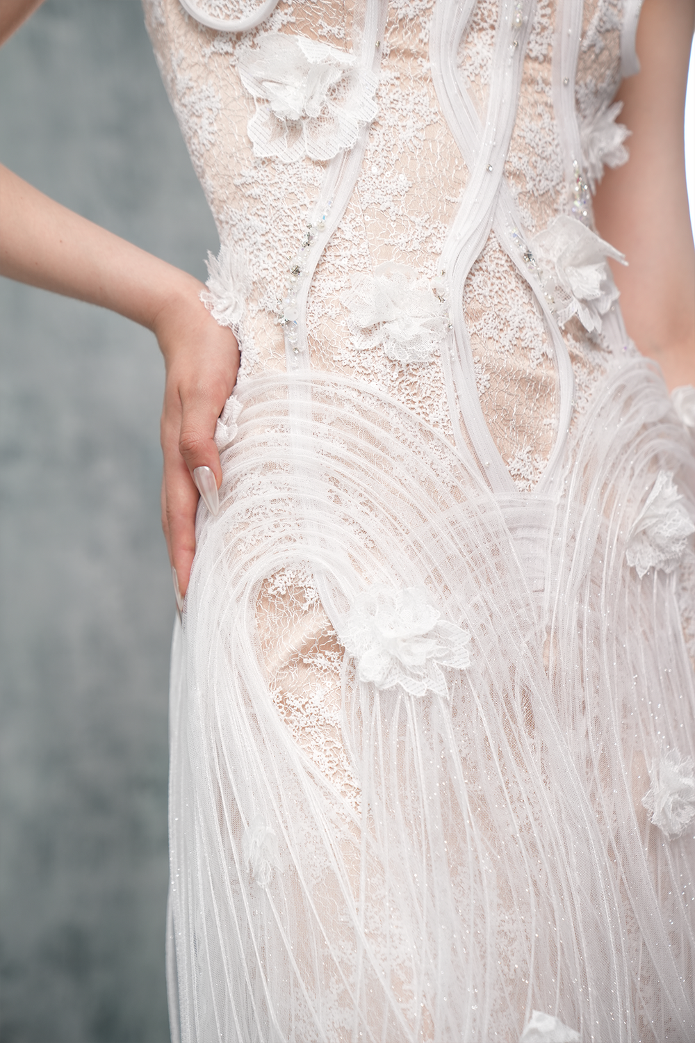 Esther Couture Lace Round-Neck 3D Pleated Plissé Maxi Dress