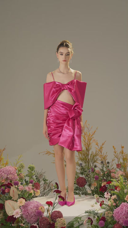 Bow-Shaped Dress with Ruffle Trim Draped Skirt