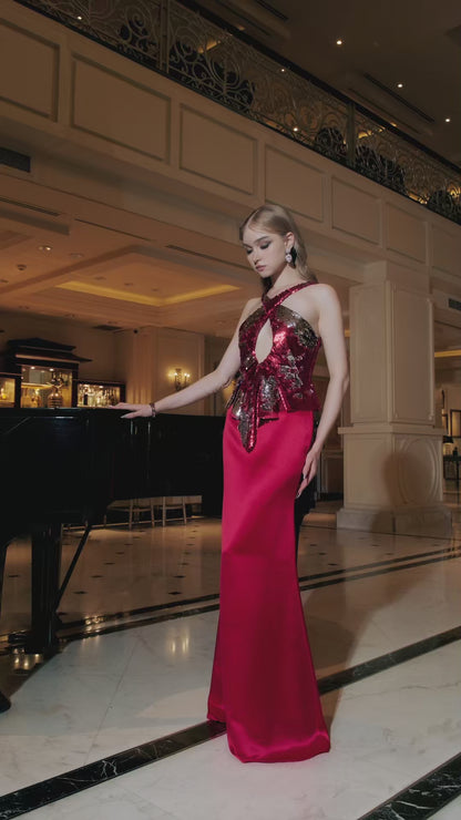 Reversible Red & Silver Halter Neck Sequin Silk Gown
