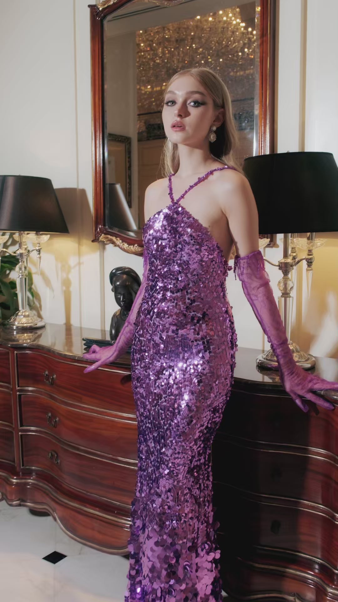 Slashed Sequin Halter Neck Gown with Lace Gloves