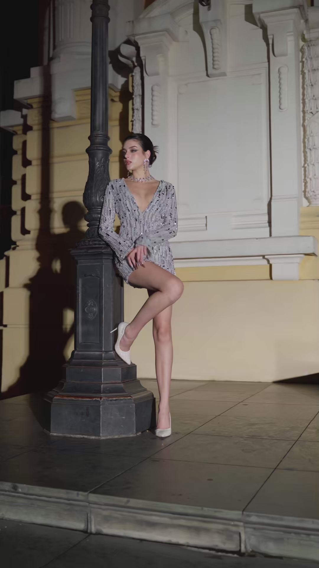 Dazzle Sequin Long-Sleeve V-Neck Mini Dress