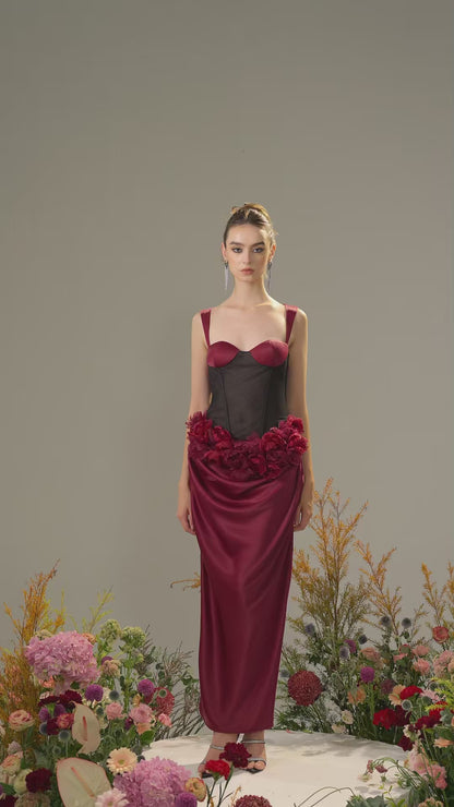 Mesh & Floral Appliqué Silk Corset Maxi Dress